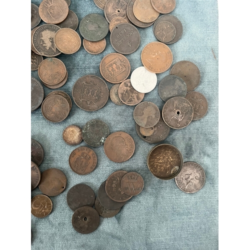 422 - Tin of assorted British and foreign antique coins