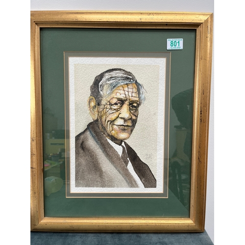 801 - Watercolor painting W H Auden - with artist monogram