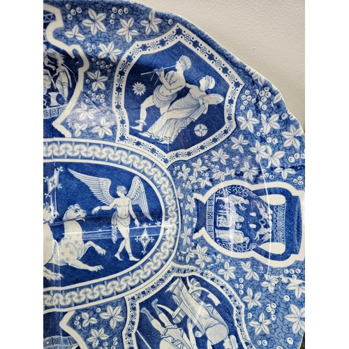 387 - A 19th century blue and white pearlware meat dish decorated with Greek classical figures and scenes