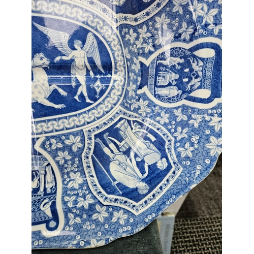 387 - A 19th century blue and white pearlware meat dish decorated with Greek classical figures and scenes