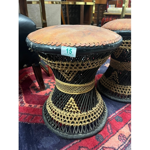 15 - Pair of leather topped and ratan stools