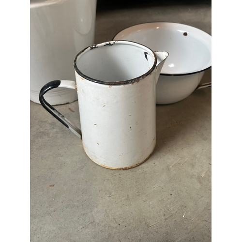 42 - Enamel bucket, jug and bowl