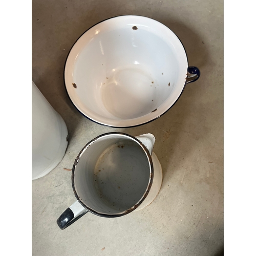 42 - Enamel bucket, jug and bowl