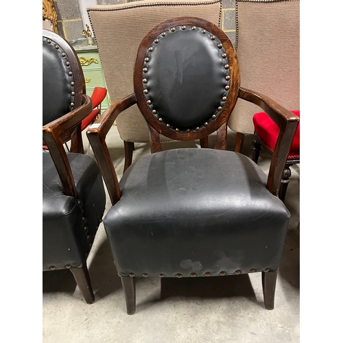 2 - Pair of black leather armchairs with brass stud details