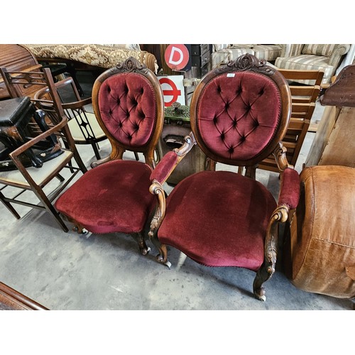 43 - Pair of red velvet mahogany arm chairs. His and Hers chairs. Button back