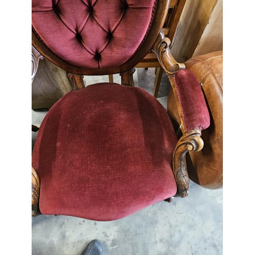 43 - Pair of red velvet mahogany arm chairs. His and Hers chairs. Button back