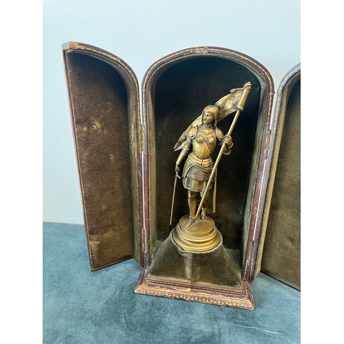 151 - Antique bronze figure of Joan of Ark in leather traveling case 

Signed to base - Ernest Justin Ferr... 