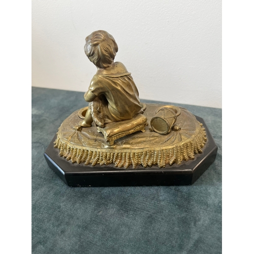 163 - Antique bronze model of a child with toys and dog. On a marble base