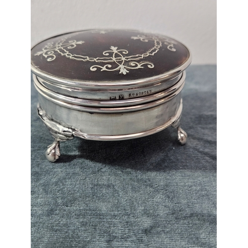 535 - Levi and Salaman solid silver hallmarked pot with tortoise shell style lid and inlay