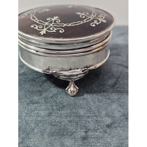 535 - Levi and Salaman solid silver hallmarked pot with tortoise shell style lid and inlay