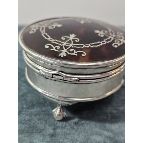 535 - Levi and Salaman solid silver hallmarked pot with tortoise shell style lid and inlay