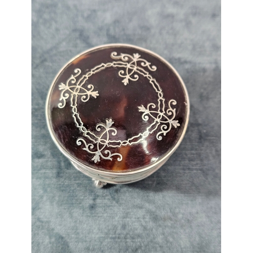 535 - Levi and Salaman solid silver hallmarked pot with tortoise shell style lid and inlay