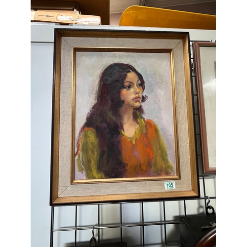 705 - Mid Century oil board of a lady