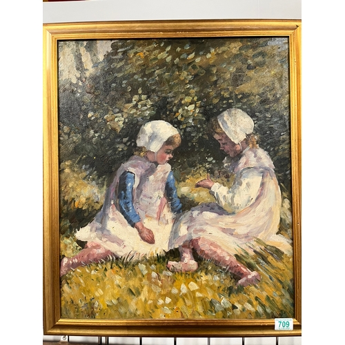 709 - Oil on board painting of two girls