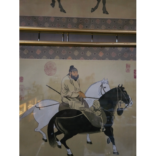 716 - Pair of Chinese watercolours on silk, each depicting a man on horseback