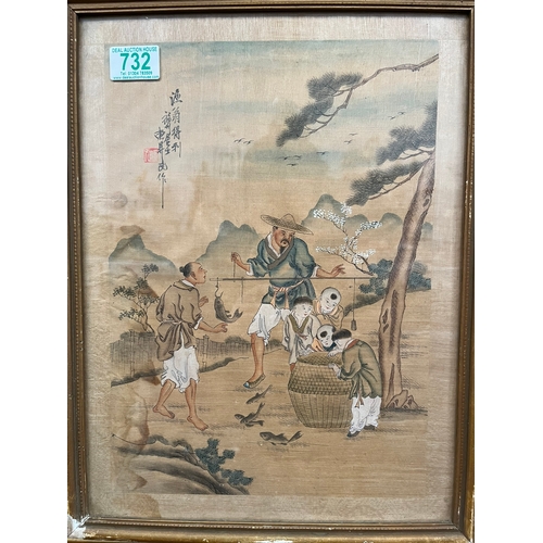 732 - Antique Chinese oriental watercolour painting on silk of fishermen.