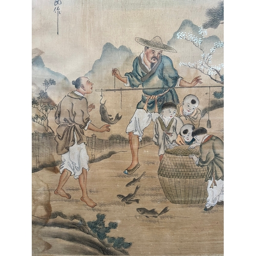 732 - Antique Chinese oriental watercolour painting on silk of fishermen.