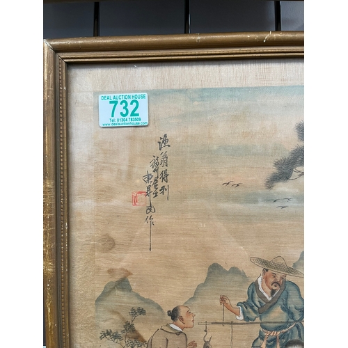 732 - Antique Chinese oriental watercolour painting on silk of fishermen.