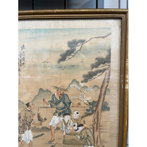 732 - Antique Chinese oriental watercolour painting on silk of fishermen.