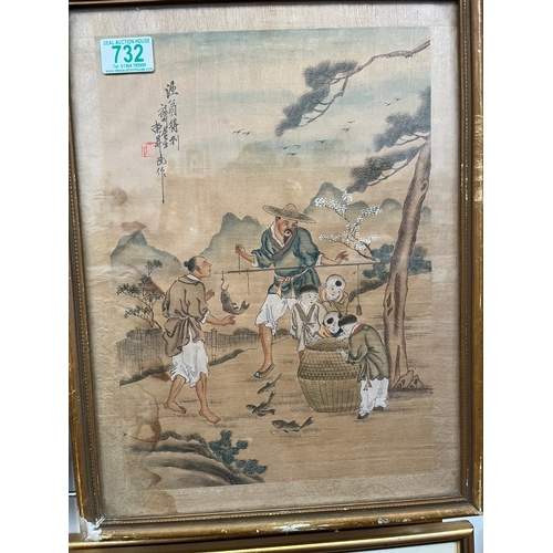 732 - Antique Chinese oriental watercolour painting on silk of fishermen.