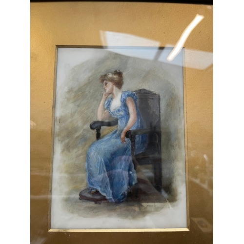 737 - Antique painting on porcelain of a lady sitting on a chair     German?