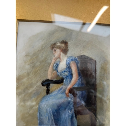 737 - Antique painting on porcelain of a lady sitting on a chair     German?