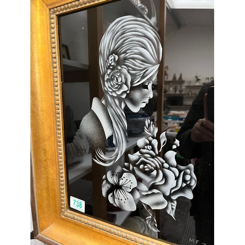 738 - Retro portrait of a lady etched into glass dated 1974