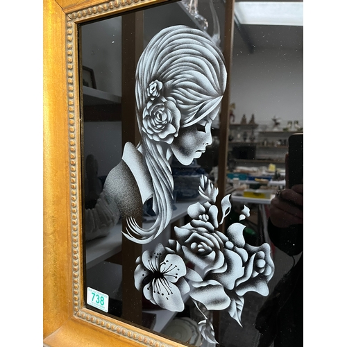 738 - Retro portrait of a lady etched into glass dated 1974