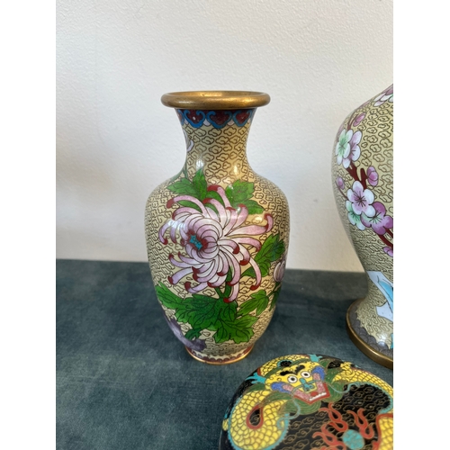 173 - 3 x Oriental cloisonne vases/ lidded pot. Decorated with birds, flowers and dragon