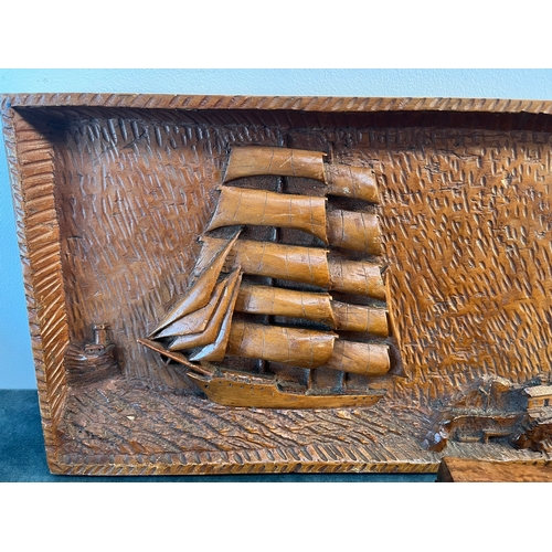 198 - Vintage relief carving of a ship + boxed telescope