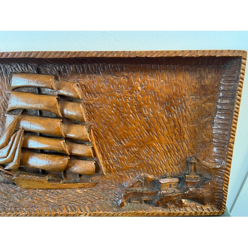 198 - Vintage relief carving of a ship + boxed telescope