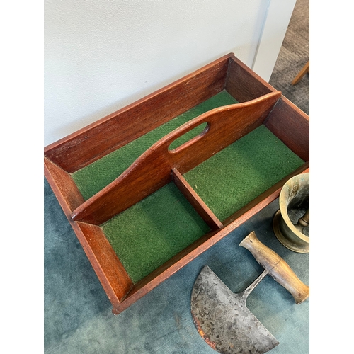 200 - Vintage kitchenalia - Wooden tray, pestle and mortar and food chopper