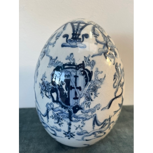 202 - Vintage blue and white egg decorated with cherubs and crests.