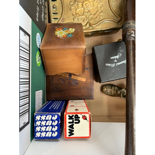 205 - Box of assorted miscellaneous items including games, crocodile type bag, clock ect.