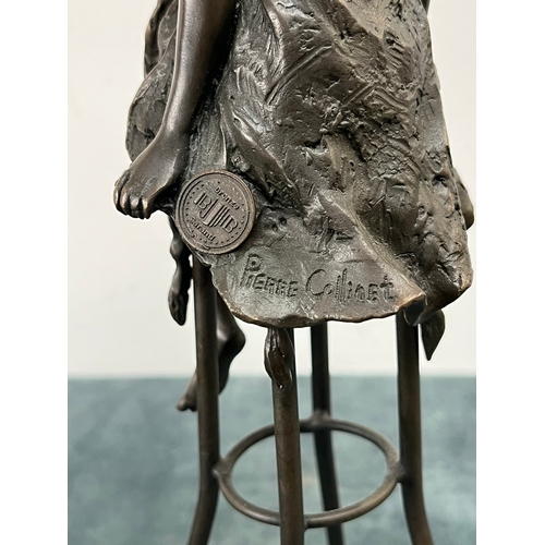 259 - Art Deco style bronze modelled as a bare chested female figure, seated upon a chair, signed 'Pierre ... 