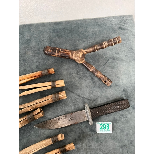 298 - Antique gypsy clothes pegs, slingshot and A. Paulson Sheffield knife