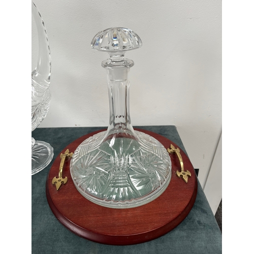 313 - Crystal ships decanter on stand and signed crystal claret jug