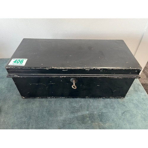 406 - Black metal lock box - with key