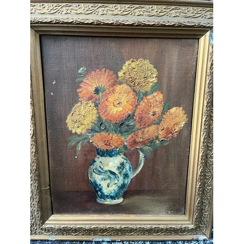 721 - 3 x Pictures of flowers - One oil on canvas, one flowers in jug and one etching