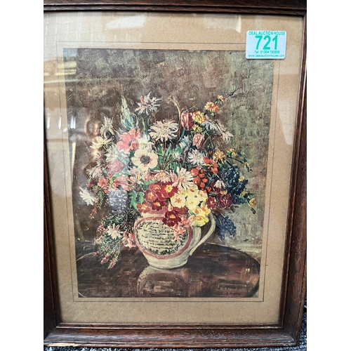 721 - 3 x Pictures of flowers - One oil on canvas, one flowers in jug and one etching