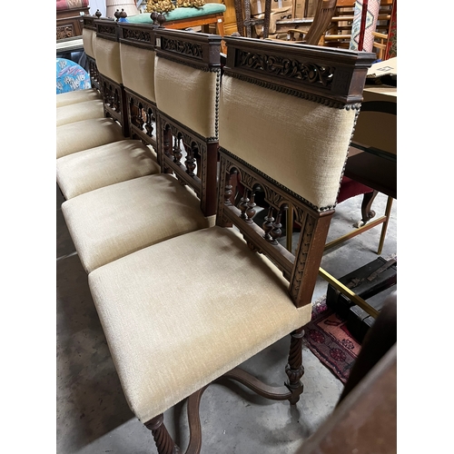 29 - Set of six antique upholstered dining chairs with curved cross stretchers