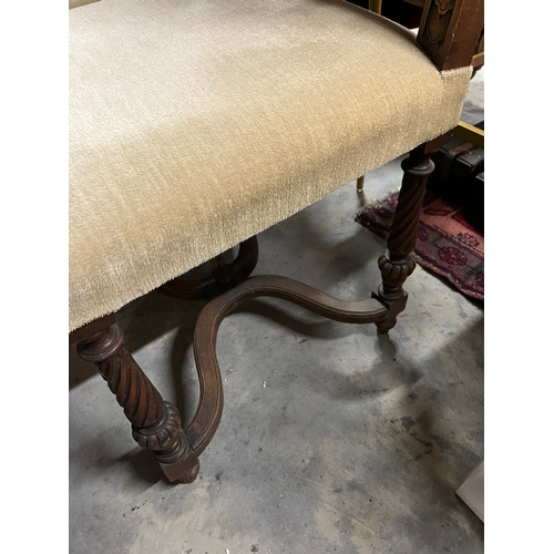 29 - Set of six antique upholstered dining chairs with curved cross stretchers