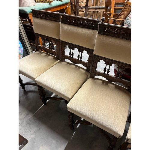 29 - Set of six antique upholstered dining chairs with curved cross stretchers