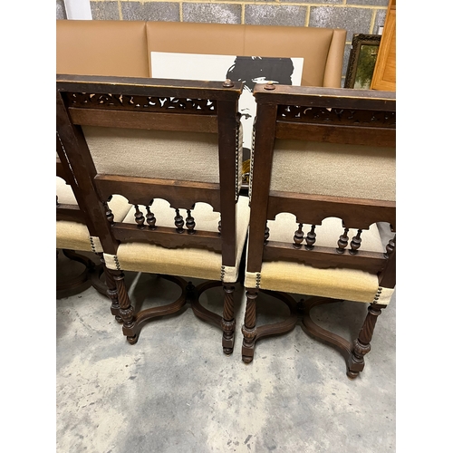 29 - Set of six antique upholstered dining chairs with curved cross stretchers