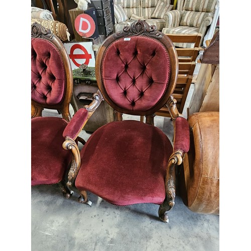 43 - Pair of red velvet mahogany arm chairs. His and Hers chairs. Button back