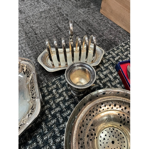 241 - Silver plate toast rack, cake basket, gold plate bowl, ect.