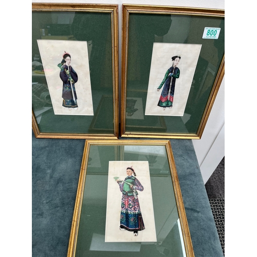 800 - Group of 3 Chinese oriental paintings on rice paper. All in long robes featuring traditional dress