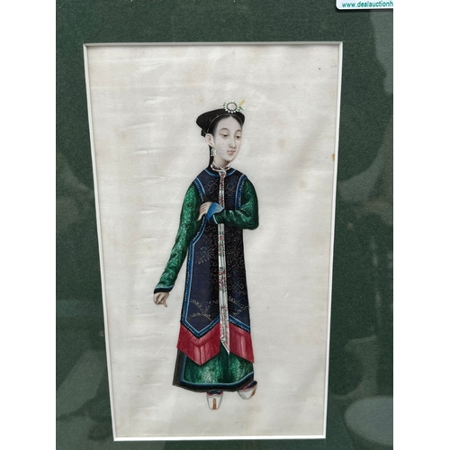 800 - Group of 3 Chinese oriental paintings on rice paper. All in long robes featuring traditional dress