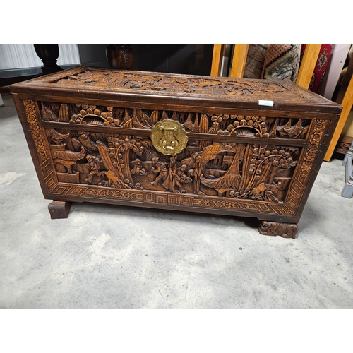 17 - Camphor wood carved oriental trunk