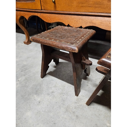 47 - Pair of antique leather topped stools